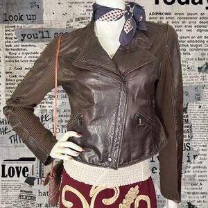 Daniel hechter cropped brown asymmetrical leather moto jacket Womens S